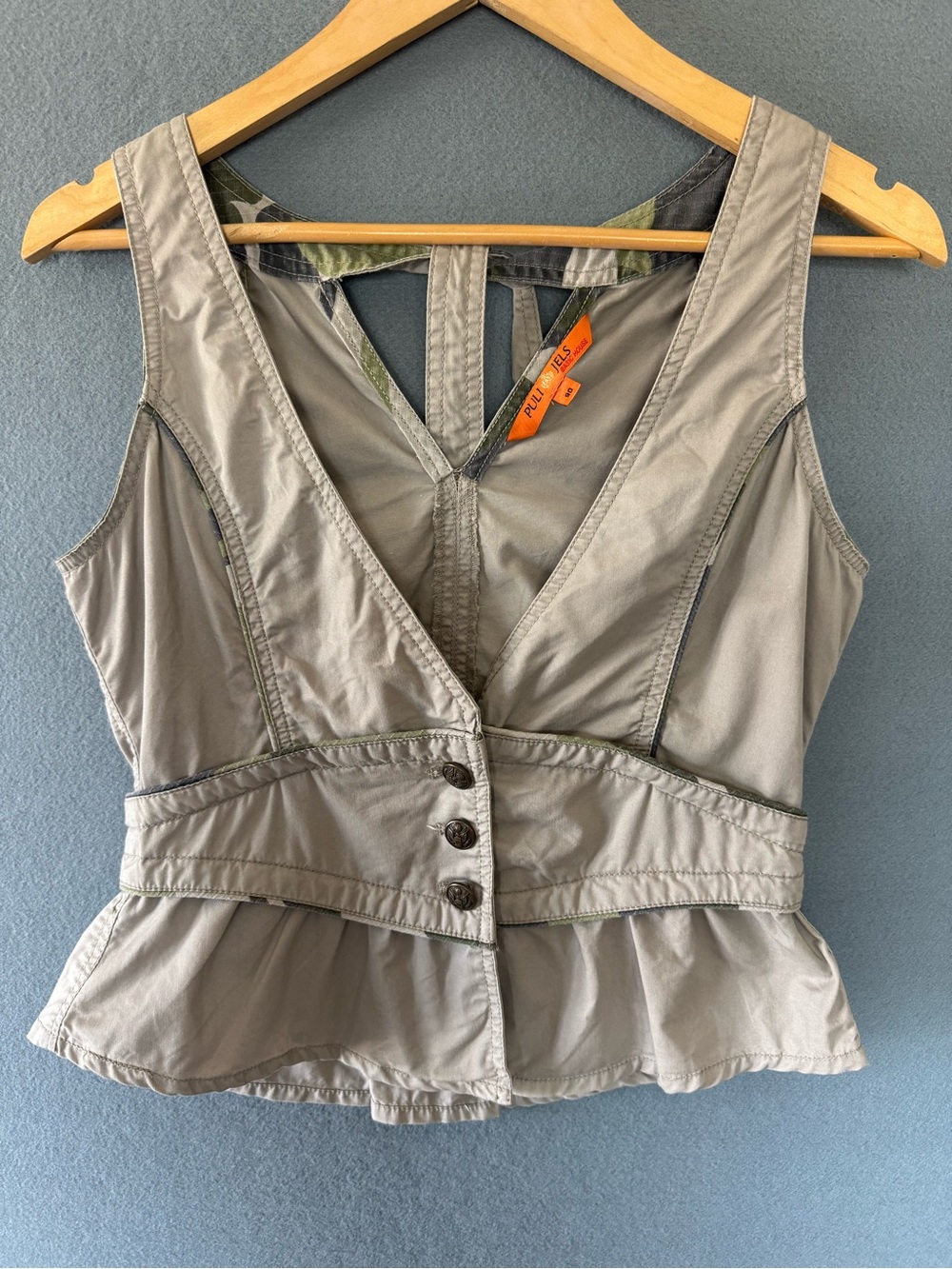 Puli Jels Basic House Gray Peplum Vest Top Size 90 Y2K Utility Military Cotton - Picture 7 of 14